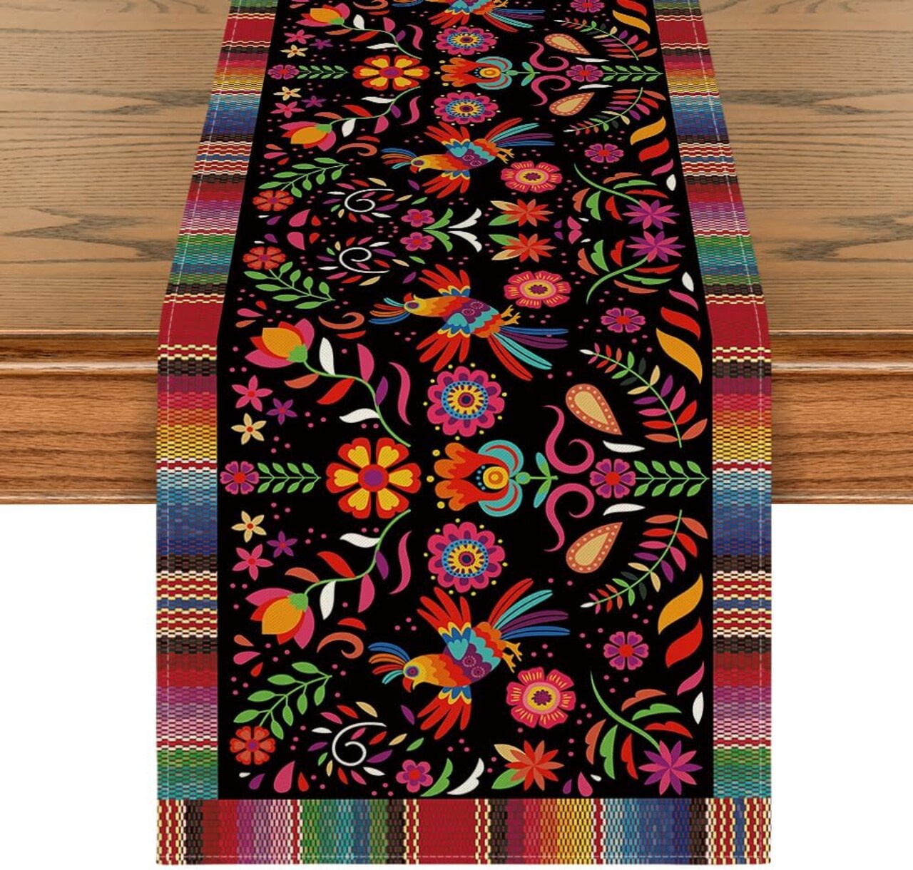 Bird Dia De Los Muertos Serape Mexican Fiesta Table Runner, Cinco De Mayo Day of The Dead Kitchen Dining Table Decoration for Home Party Decor 13x72 Inch